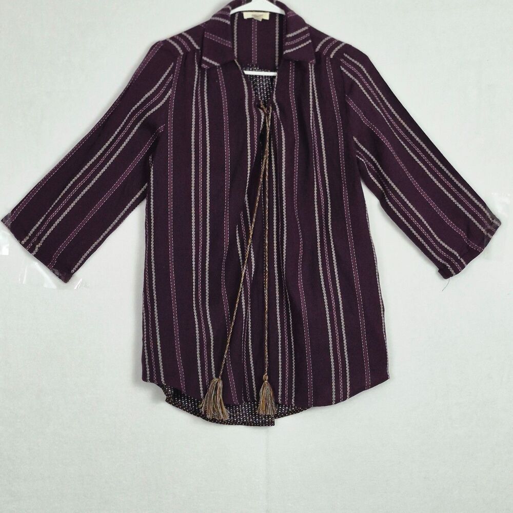 Oddy Women's Small Long sleeve burgundy Striped Collared Blouse Boho 100% Cotton